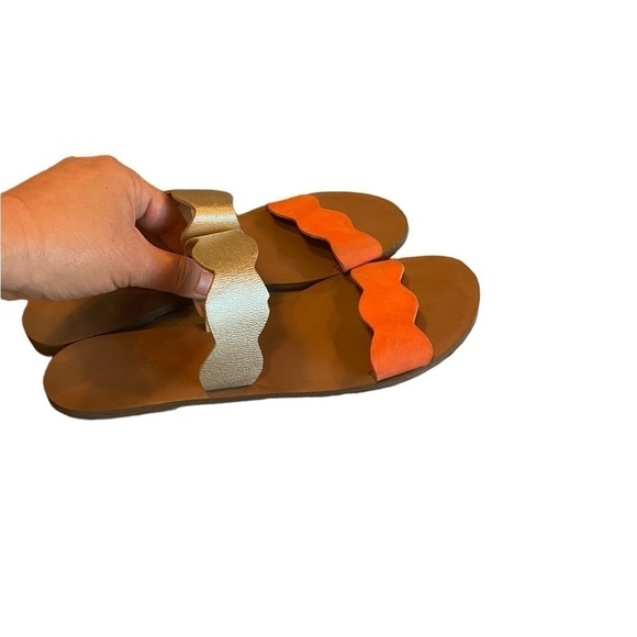 J.Crew Scalloped gold Metallic and orange Leather Sandals slides - Picture 6 of 10